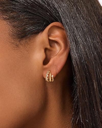 BLUEELM Gold Stud Earrings for Women, Dainty Triple Huggie Earrings 14K Gold Plated Small Hoop Earrings for Women Trendy Cute Hypoallergenic Stud Earrings Unique Double Hoops Waterproof Gold Jewelry thumbnail 2