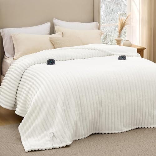 Bedsure Electric Blanket Queen Size - Thick Striped Flannel Electric Blanket with Dual Control, Heating with 10 Heat Settings & 10 Time Settings, 8 hrs Timer Auto Shut Off (84x90 inches, White) thumbnail 9