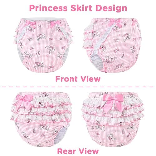 LittleForBig Silky Washable Reusable Waterproof Ruffled Lace Bow Bunnies & Bows Usagi Pattern Ruffle Adult Diaper Cover Pink M thumbnail 2