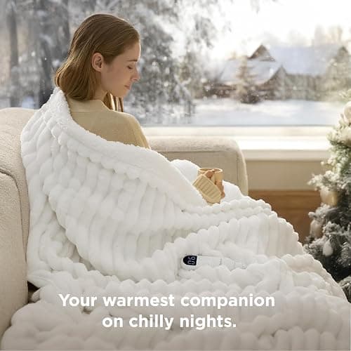 Bedsure Heated Blanket Electric Throw - Thick Striped Flannel Electric Blanket, Heating with 4 Time Settings, 6 Heat Settings, and 3-Hour Timer Auto Shut Off, Gift for Grandma (50x60 inches, White) thumbnail 4