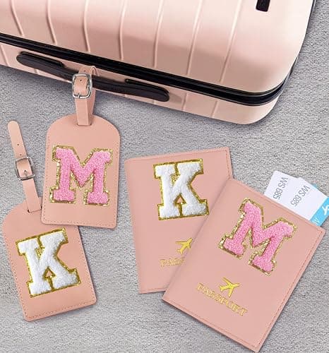 COSHAYSOO Pink Passport Cover Case Holder and Luggage Tag Set for Travel Women Teenager Girls with Initial Monogrammed Letter, Personalized Traveler Gifts Traveling Essential Accessories M thumbnail 2