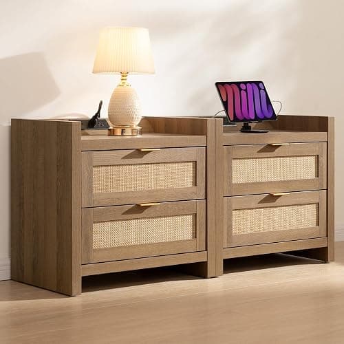 SICOTAS Night Stand Set of 2 - Rattan Nightstands with Type-C Charging Station, 2 Rattan Drawers - Boho Bed Side Tables End Table for Small Space - Natural Oak thumbnail 8