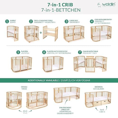 Waldin Babybett aus Holz 7in1 mit Matratze, Mitwachsendes Kinder-Bett, Belüftet, Boden 5-Fach Verstellbar, All-Inclusive-Set, Holz Weiß, Stoffe Lachs - Holz Weiß - Stoffe Lachs thumbnail 4