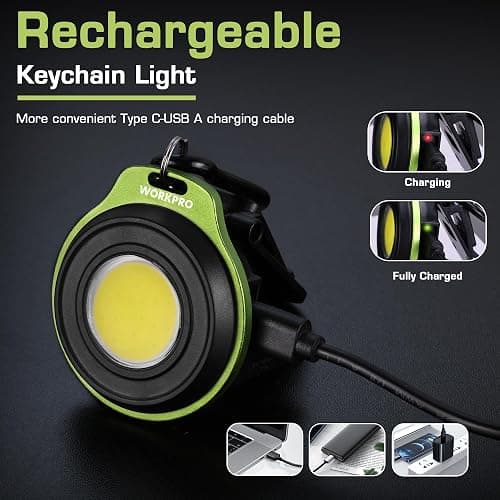 WORKPRO Mini Keychain Work Light, COB Keychain Flashlight with Hat Clip, Rechargeable Magnetic EDC Carabiner Flashlight, 3 Light Modes Emergency Light for Camping, Biking and Car Repairing, Green thumbnail 6