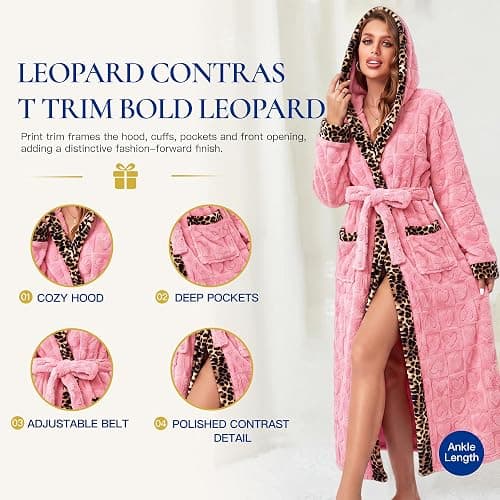 RONGTAI Women's Coral Fleece Long Robe Bathrobe, Jacquard Hearts | Thick coral fleece brings quick lasting warmth, jacquard hearts & textured patterns add a refined cozy home look thumbnail 3