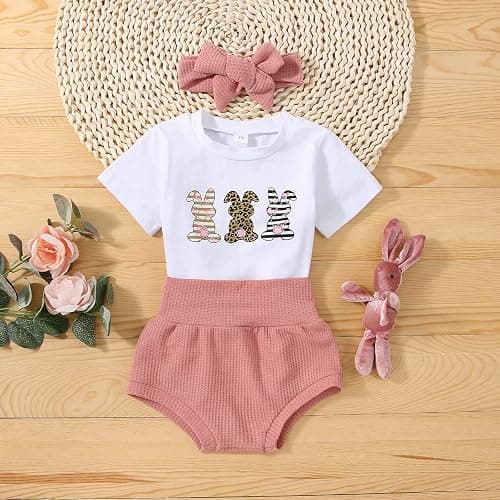 Fernvia Infant Baby Girls Easter Outfits Short Sleeve Rabbit Print Romper Elastic Waist Shorts with Hairband 3Pcs Clothes Set thumbnail 6