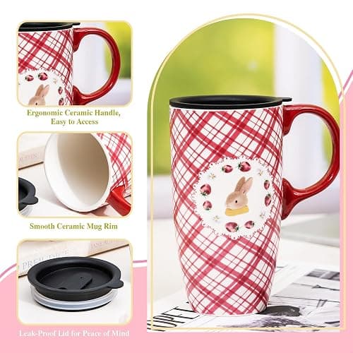 Topadorn Coffee Mug with Gift Box – 17 Oz Ceramic Travel Mug, Cute Bunny Cup with Spill-Proof Lid, Microwave & Dishwasher Safe, Pink Grid Rabbit Design thumbnail 8