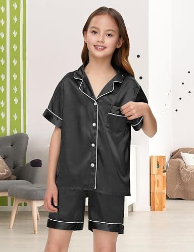 ALHAVONE Silk Pajamas for Girls Satin Pajama Kids 3 Pieces Short Sleeve Girl Button-down Pjs Shorts Pants Sleepwear thumbnail 3