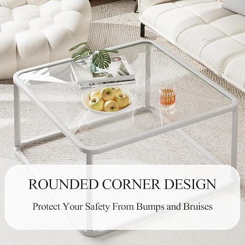 Coffee Table Glass, Minimalist Square Tables for Living Room, Modern Center Table for Office or Small Space, Sturdy Metal Frame, Easy Assembly, 26.4 x 26.4 x 15.7 Inches, White thumbnail 5