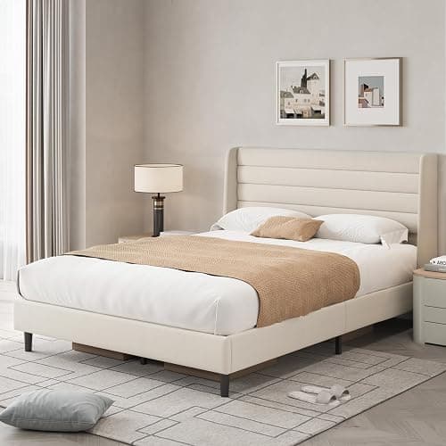 Queen Bed Frame with Upholstered Headboard, Velvet Platform Bedframe Mattress Foundation, Strong Wood Slat Support, No Box Spring Needed, Easy Assembly, Pale Beige - Image 1