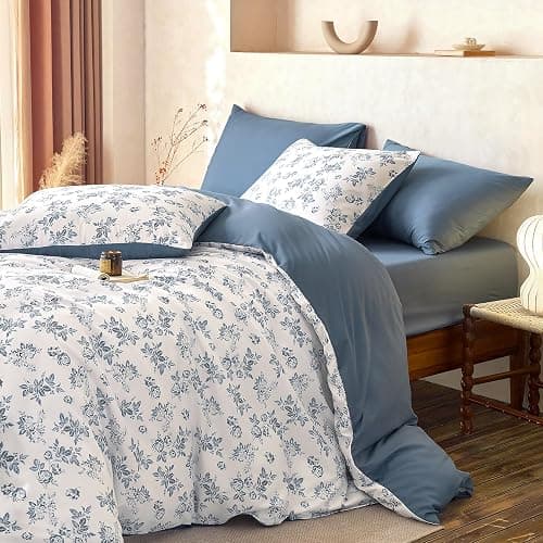 Wake In Cloud - Cottagecore Comforter Set, Floral Vintage Flower Shabby Chic Coquette Aesthetic for Women Teen Girls, Soft Lightweight Dorm Bedding, 3 Pieces, Dark Blue, Twin/Twin XL Size thumbnail 6
