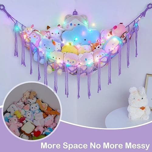 Basumee Stuffed Animals Net or Hammock with LED Light, Hanging Stuffed Animals Storage Toy Hammock Net Corner Wall Girls Room Decor Toy Storage Organizer, Purple, L thumbnail 4