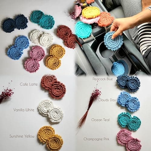 Cotton Car Coasters for Cup Holders, 2PC Car Cup Coasters, Drink Coaster Holder, Cute cupholder Coaster Accessories for Women, Macrame, Boho (Vanilla White) - Vanilla White thumbnail 7