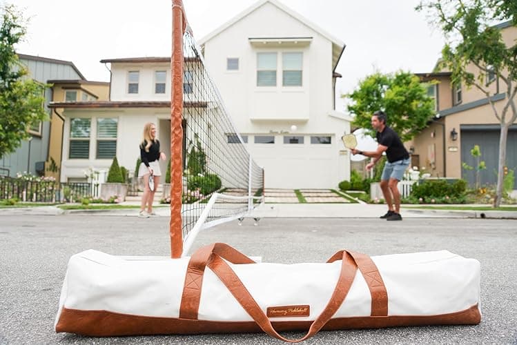 Harmony Pickleball Portable Pickleball Net for Driveway, Street, Court, or Park Play, Outdoor Weather Resistant Netting, Heavy-Duty Tensioners, Stylish Leather Accents, Canvas Travel Bag thumbnail 5