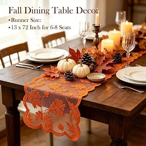 Fall Table Runner Fall Decorations for Home 13 x 72 Inch Maples Leaves Lace | Fall Decor Orange Runners Thanksgiving Table Runner Autumn Harvest Thanksgiving Decorations for Table Kitchen Dining Party thumbnail 4
