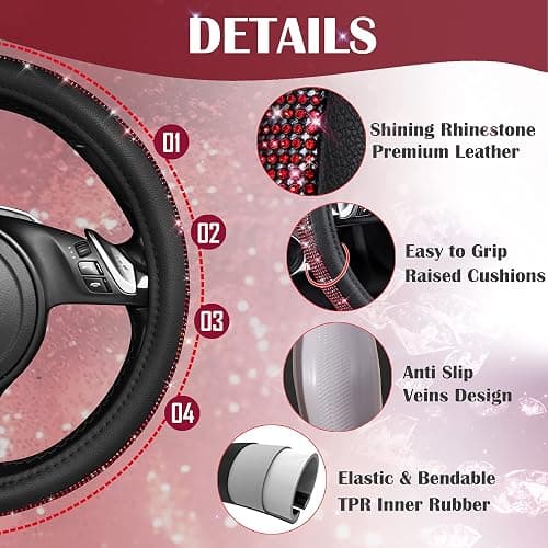 CAR PASS Red Diamond Black Leather Steering Wheel Cover, with Bling Crystal Rhinestones Universal Fit 14" 1/2-15" Crystal Glitter for Women Sparkle Girl Fit Suvs,Vans,Sedans,Cars,Trucks, Red Diamond thumbnail 5