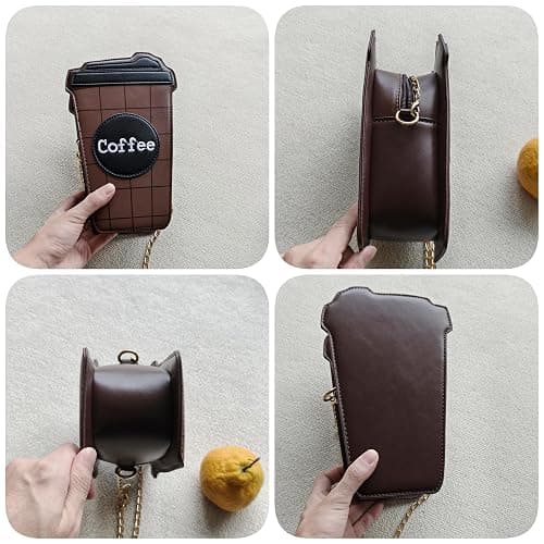 QHMCEXG Women's Small Brown Unique Trendy Fun Coffee Cup Shaped Vegan Leather Crossbody Purse Bag with Gold Chain thumbnail 4