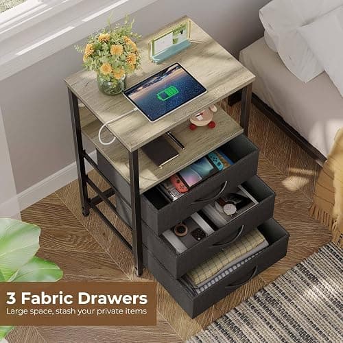 Seventable Nightstand with Charging Station and LED Light, Side Table with 3 Fabric Drawers, Bedside End Table with USB Ports and Outlets, Night Stand for Bedroom, Greige thumbnail 2
