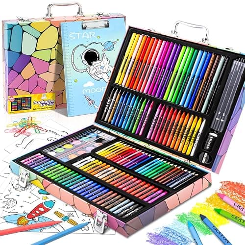 Art Supplies, 180 Pack Drawing Painting Set for Kids Girls Boys Teens, Coloring Art Kit Gift Case with Clipboard, Coloring Papers, Oil Pastels, Crayons, Colored Pencils, Watercolor Cakes, Markers - Image 1