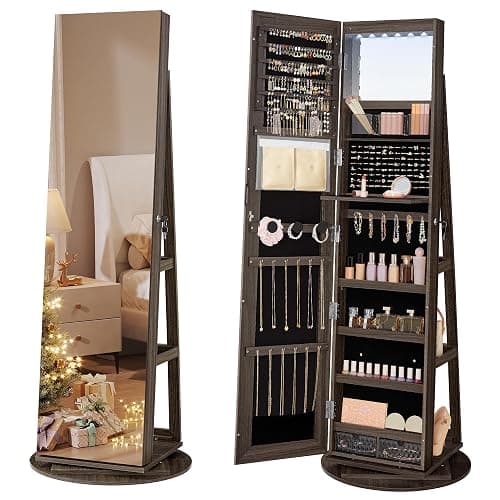 SONGMICS 6 LEDs Lockable Mirror Jewelry Cabinet, 360° Swivel Jewelry Organizer Armoire Standing, Frameless Full-Length Mirror, 3 Storage Shelves, Christmas Gifts, Ash Brown, Black Lining UJJC007K02 - Image 1