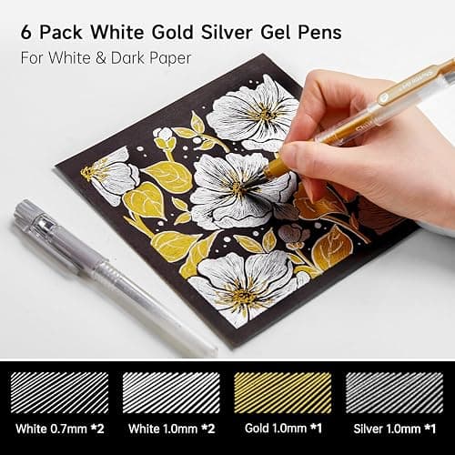 Shuttle Art White Gold Silver Gel Pens, 6 Pack 0.7mm, 1.0mm Metallic Gel Ink Pens Fine Point for Black Paper Highlighting Card Making Scrapbooking Coloring Writing Drawing School Office Home thumbnail 3