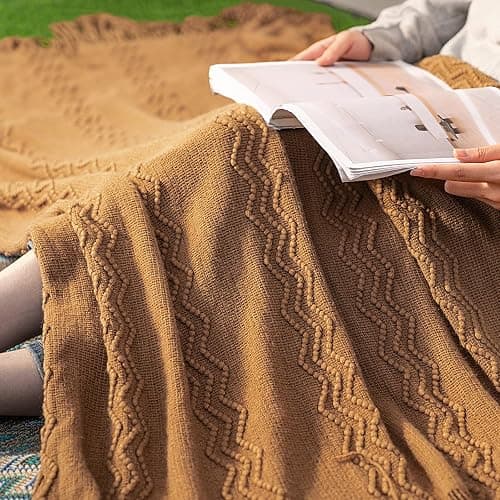 MIULEE Knitted Brown Throw Blanket for Couch,Boho Bed Decor Knit Outdoor Blankets Throw Size with Tassels Cozy Woven for Sofa Home Chair Wave Pattern 50" x 60" Inches thumbnail 3