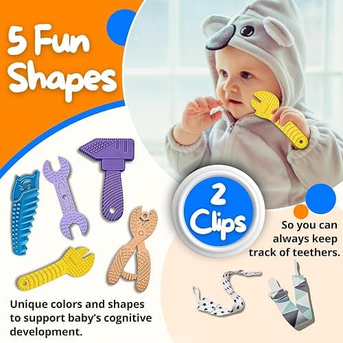 LaNoah Toys Infant Teething Tools Set: Includes 2 Clips! Soft BPA Free Teething Toys, 5 Piece Construction Set, Baby Boy Essentials Einstein, Gift for Infant Toddler Boy Girl thumbnail 5
