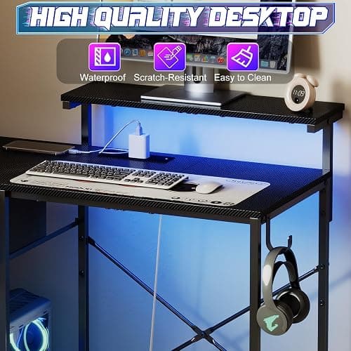 X-cosrack 33.5" Small Gaming Desk with LED Lights & Power Outlets, Drawers | Computer Desk with Fabric Drawer & Side Hook, Reversible Table with Monitor Stand for Game Room, Bedroom, Carbon Fiber Black thumbnail 8