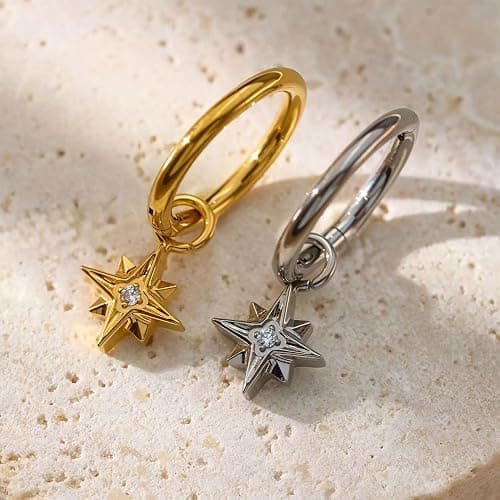 Small Cartilage Rook Helix Piercing Hoop Starburst Dangle Earrings Jewelry For Women With CZ 14K Gold Plated Huggie Stainless Steel thumbnail 4