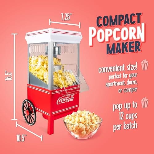 Nostalgia Vintage Coca-Cola Hot-Air Popcorn Maker Machine - Makes Up to 12 Cups - Oil-Free - Healthier Popcorn - Classic Stand-Up Cart With Wheels - Includes Kernel Measuring Cup - White & Red thumbnail 2