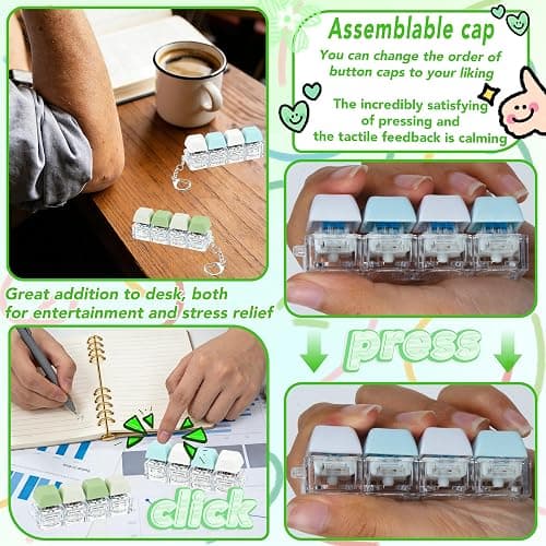 2 PCS 4-in-1 Keyboard Fidget Toy Keychain, Finger Clicky Button Toy Stress Relief Keychain with Swappable Keycaps, Mini Mechanical Key Fidget for Office Desk Focus Gifts (Green Blue White) thumbnail 5