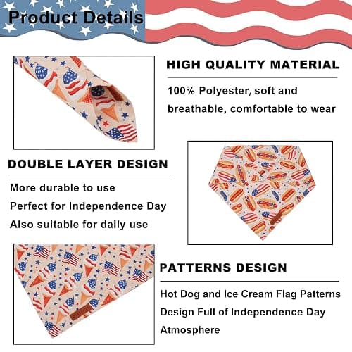 ADOGGYGO American Flag Dog Bandana, Ice Cream Hamburg Flag Pet Scarf, Premium Durable Fabric, Patriotic 4th of July Bandanas for Medium Large Dogs Pets (Large) thumbnail 5