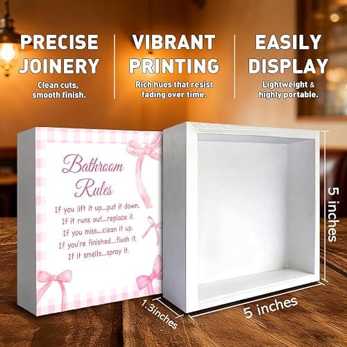 Pink Bow Bathroom Decor, Girls Bathroom Rules Rustic Wooden Box Sign, Little Pink Restroom Decor Farmhouse Toilet Signs thumbnail 3