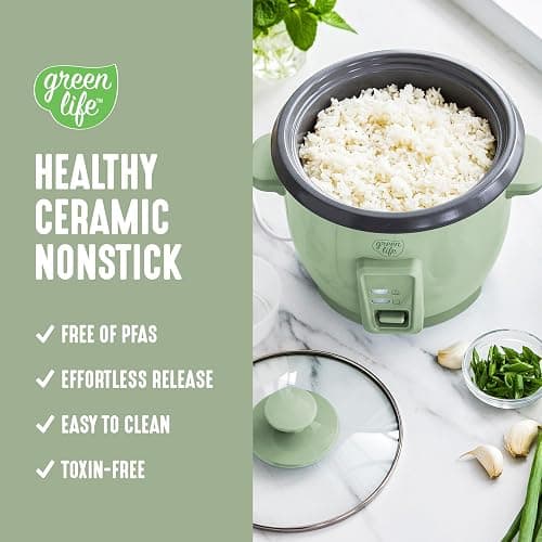 GreenLife Electric Rice Cooker, 3-Cups Uncooked/6-Cups Cooked, Removable PFAS-Free Nonstick Pot, One-Switch Design, Auto Keep Warm, Small Space Saving, Rice Paddle, Soup, Grains, Oatmeal, 1.5 QT, Green thumbnail 3