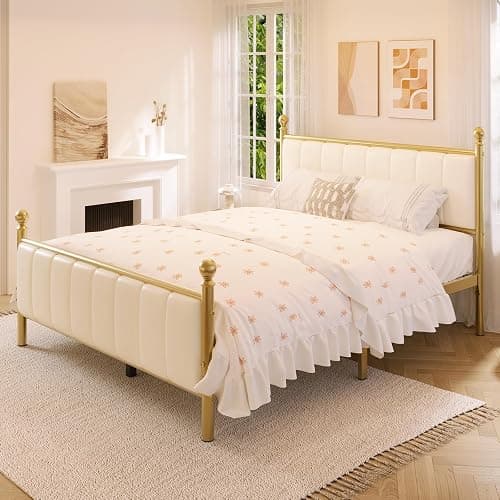 E-Motie Full Size Bed Frame with Headboard, Upholstered Platform Metal Beds Frame Full, Supported by Strong Metal Slats, No Box Spring Needed, Easy Assembly, Noise-Free, Gold thumbnail 5
