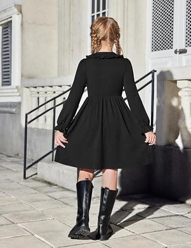 Arshiner Girls Long Sleeve Dress Fall Winter Ruffle Peter Pan Collar Front Button Casual Cotton Dresses thumbnail 8
