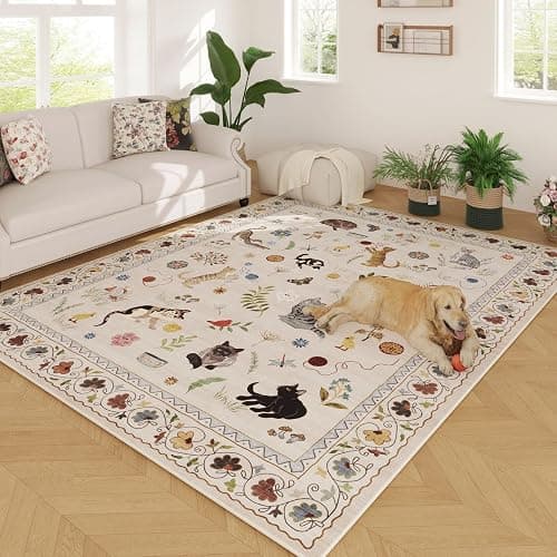 Rugcomf Living Room Rug 5x7 Rug Machine Washable Boho Area Rug Non Slip Floral Animal Cat Vintage Low Pile Large Rugs for Living Room Bedroom Farmhouse Dining Room Kids Playroom, Beige thumbnail 2