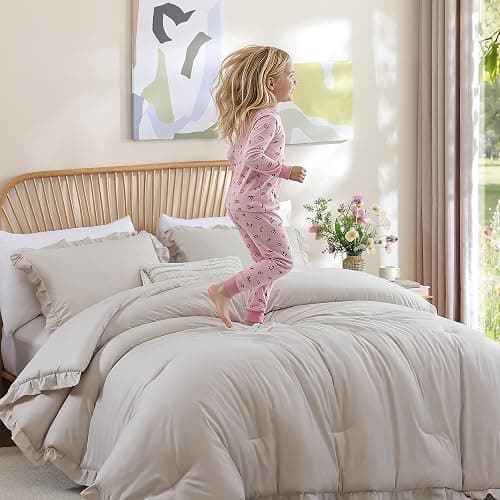 JANZAA Oatmeal Comforter Set Twin – Soft Microfiber, Lightweight All Season Bedding, Ruffle Shabby Chic Aesthetic, Breathable Cozy Bed Set with 1 Pillow Shams, Machine Washable thumbnail 3