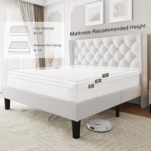 Einhomn Queen Size Upholstered Bed Frame with Wingback Headboard, Fabric Velvet Platform Bed, 8" Under Bed Storage, Wooden and Metal Slats Support, No Box Spring Needed, White thumbnail 5