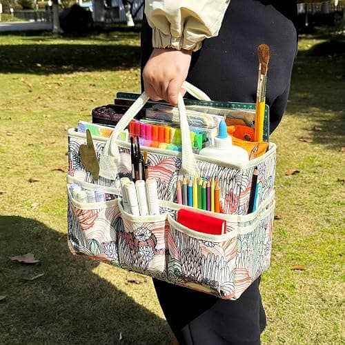 qianshan Craft Organizer Tote Bag with Multiple Pockets, Large Art Storage Caddy with Handles for Art, Craft, Sewing, Make-up，Scrapbooking, Medical, and Office Supplies Storage.Desert thumbnail 7