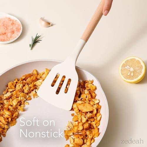 ZEDEAH 11-Piece Silicone Kitchen Utensils Set with Non Toxic Spatula, Tongs, Whisk, Turner & Ladle – Heat Resistant, Non-Scratch Cooking Tools with Wooden Handles, BPA-Free, Dishwasher Safe (Beige) thumbnail 2