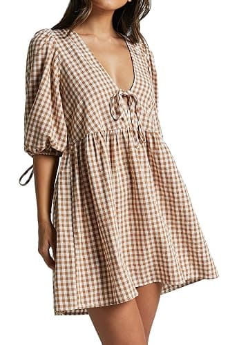 PINUPART Women's Gingham Puff Sleeve Tie Front Babydoll Mini Dress - Image 1