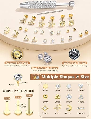 Drperfect 16G 18G Flat Back Stud Earrings for Women | Hypoallergenic Surgical Steel Internal Thread Stud Piercing Jewelry for Tragus Helix Cartilage Conch Nose Lip Medusa Piercing thumbnail 4