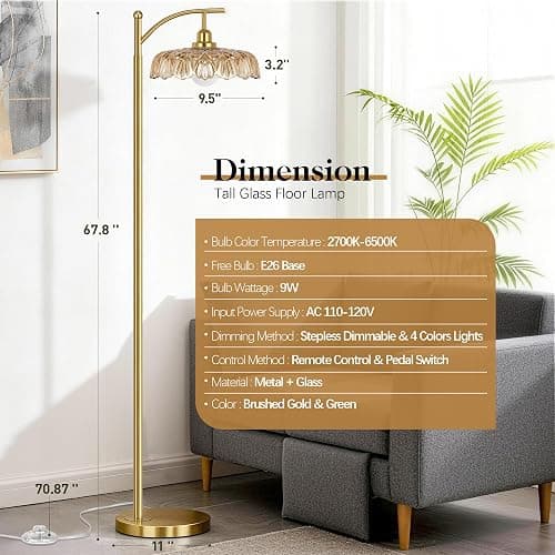Gold Floor Lamp for Living Room, Dimmable Mid Century Modern Standing Lamp with Remote Control and Amber Glass Shade, 68" Tall Lamp for Bedroom, Vintage Retro Antique Glass Flower Lamp, Brushed Gold thumbnail 3