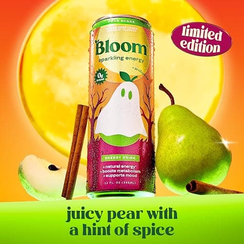 Bloom Nutrition Zero Sugar Energy Drink, Pear Scare, 12oz 12pk | 180mg natural caffeine with prebiotics, green tea extract & lychee for energy, focus and feel-good refreshment. thumbnail 3