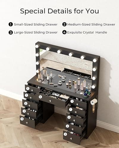 Otterease Black Makeup Vanity, 11 Drawers Vanity with Mirror and 12 LED Lights, Makeup Vanity Desk with 3 Lighting Modes Adjustable Brightness, Vanity with Glass Top for Bedroom thumbnail 7