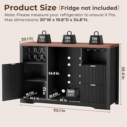 Coffee Bar Cabinet with Mini Fridge Space, 53"Wine Cabinets with Storage | Wood Fluted Liquor Sideboard Cabinet with Storage Drawer, Wine Rack,Glass Holder for Home,20"D x 53"W x 39.4"H-Black thumbnail 2