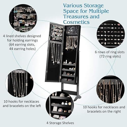 Giantex Jewelry Cabinet with Full-Length Mirror, Standing Jewelry Armoire Organizer with 64 Earring Slots, 72 Ring Slots, 20 Necklace Hooks, 4 Storage Shelves, 3 Angle Adjustable (Black) thumbnail 5