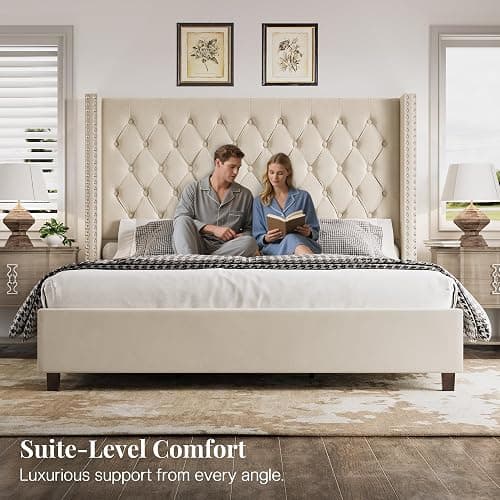 PaPaJet Queen Size Bed Frame with 61.4" Tall Headboard, Velvet Modern Upholstered Tufted Bed for Adults, Handmade Deep Button Tufting, Solid Wood Legs, No Box Spring Required, Cream thumbnail 3