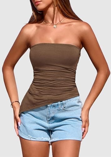 PRETTYGARDEN Womens Summer Tube Tops 2026 Trendy Strapless Ruched Going Out Tops Outfits Asymmetrical Bandeau Shirts thumbnail 5